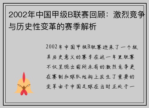 2002年中国甲级B联赛回顾：激烈竞争与历史性变革的赛季解析