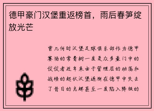 德甲豪门汉堡重返榜首，雨后春笋绽放光芒